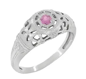 Art Deco Floral Low Dome Filigree Pink Sapphire Ring in 14 Karat White Gold