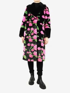 Black faux fur floral coat - size UK 10