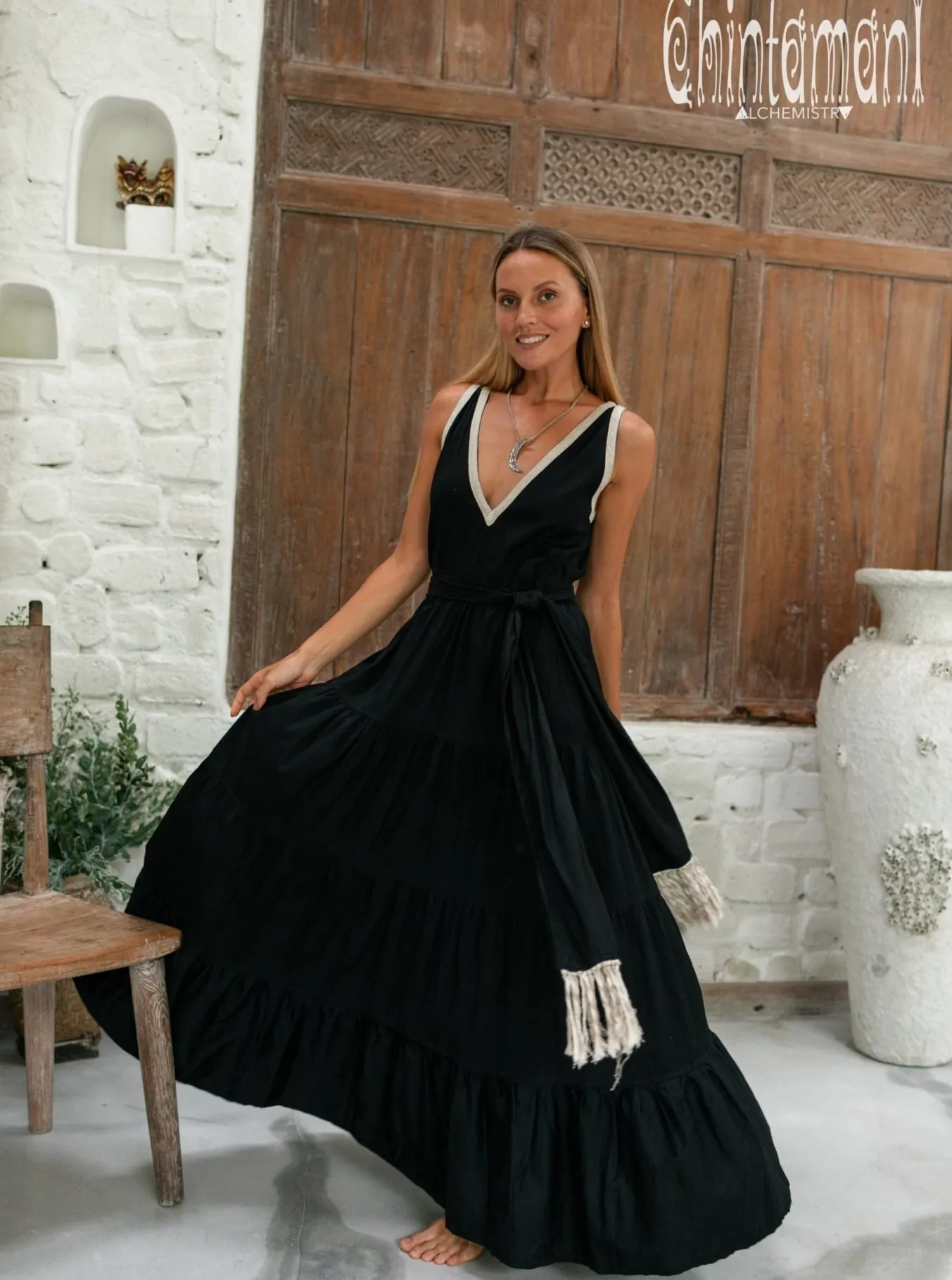 Cotton Maxi Tiered Dress / Black
