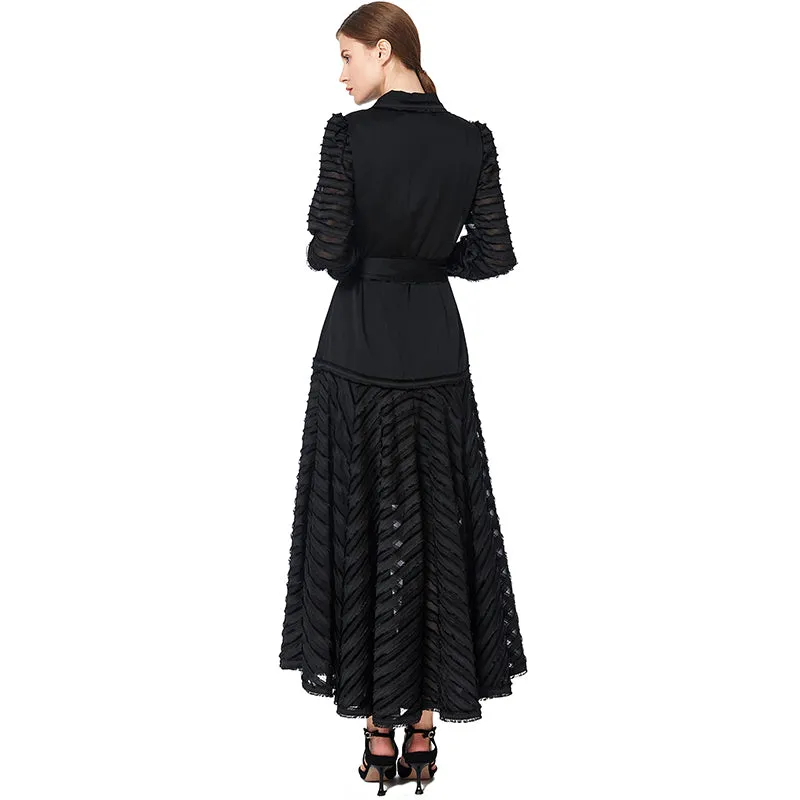 D035 Women solid shirt collar long sleeves stripes detailing flared maxi dress