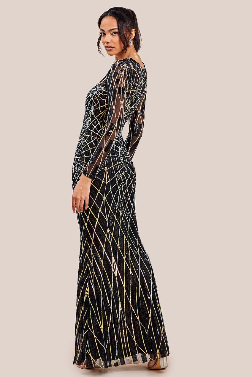 Goddiva Geo Patterned Sequin Long Sleeve Maxi Dress