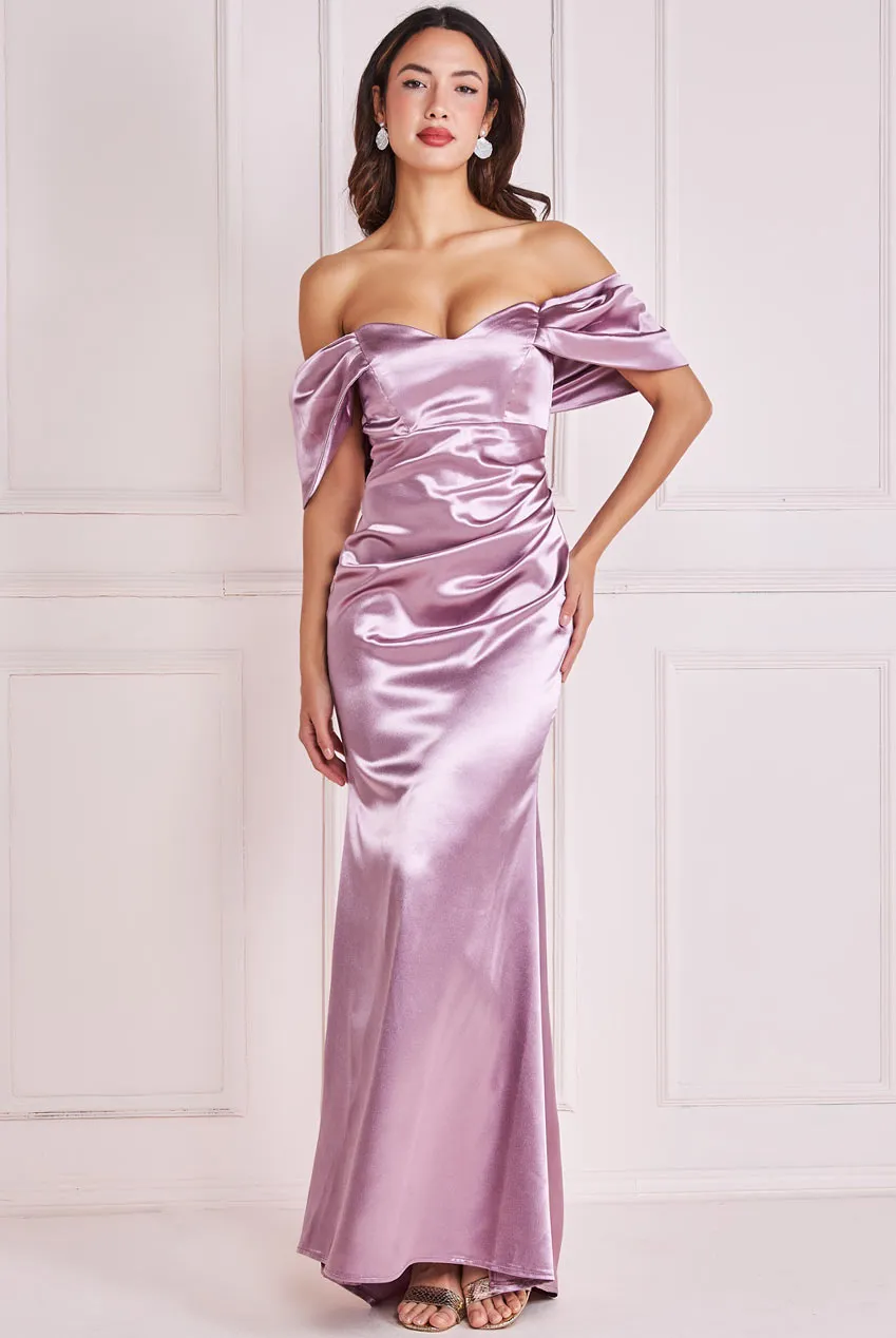 Goddiva Satin Off Shoulder Bardot Maxi Dress
