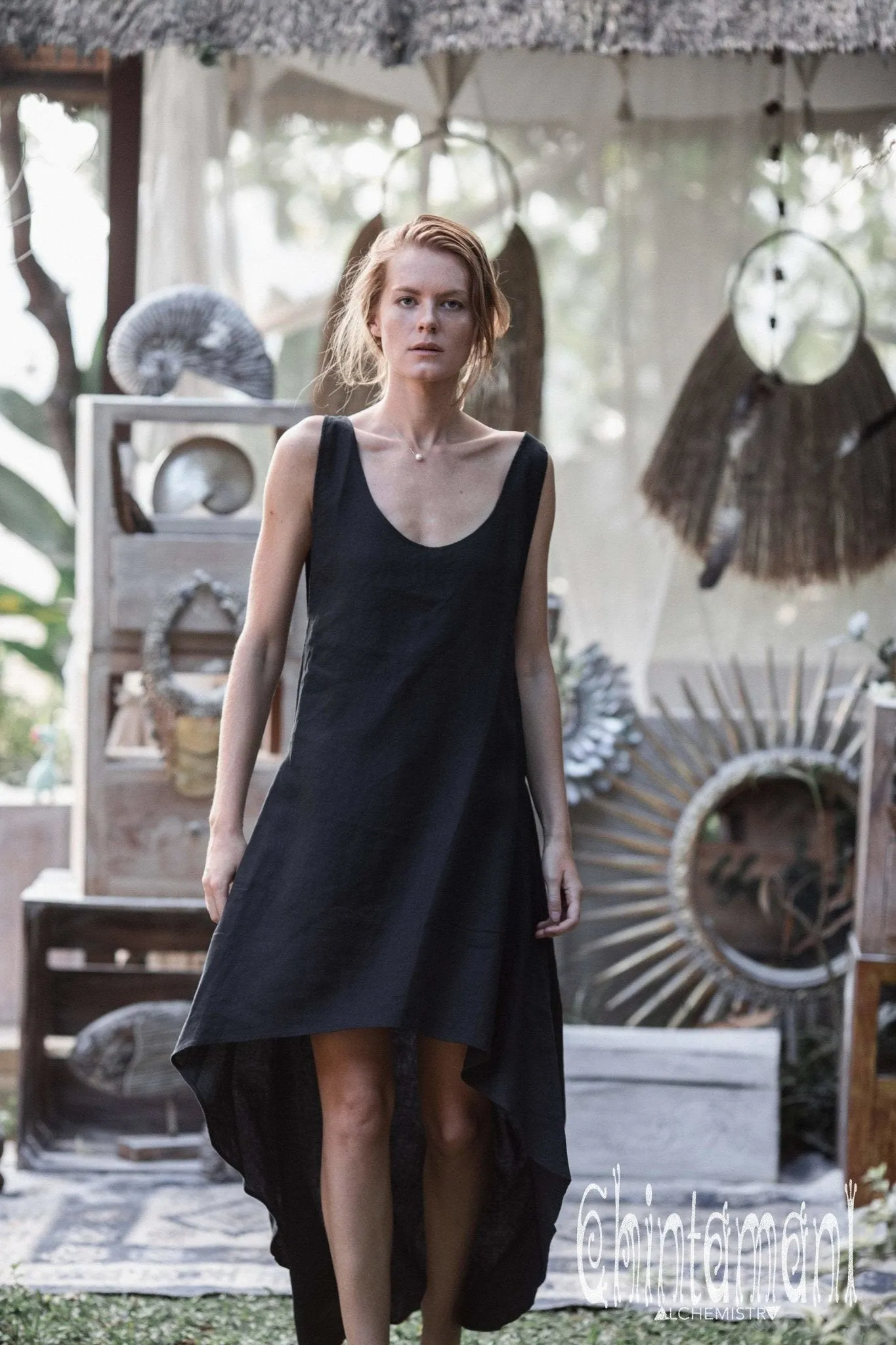 High Low Linen Maxi Dress with Open Back / Black