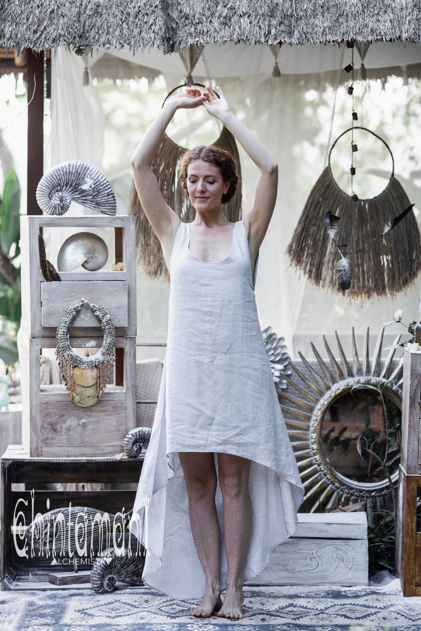 High Low Linen Maxi Dress with Open Back / Grey