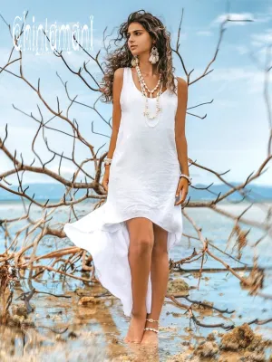 High Low Linen Maxi Dress with Open Back / White