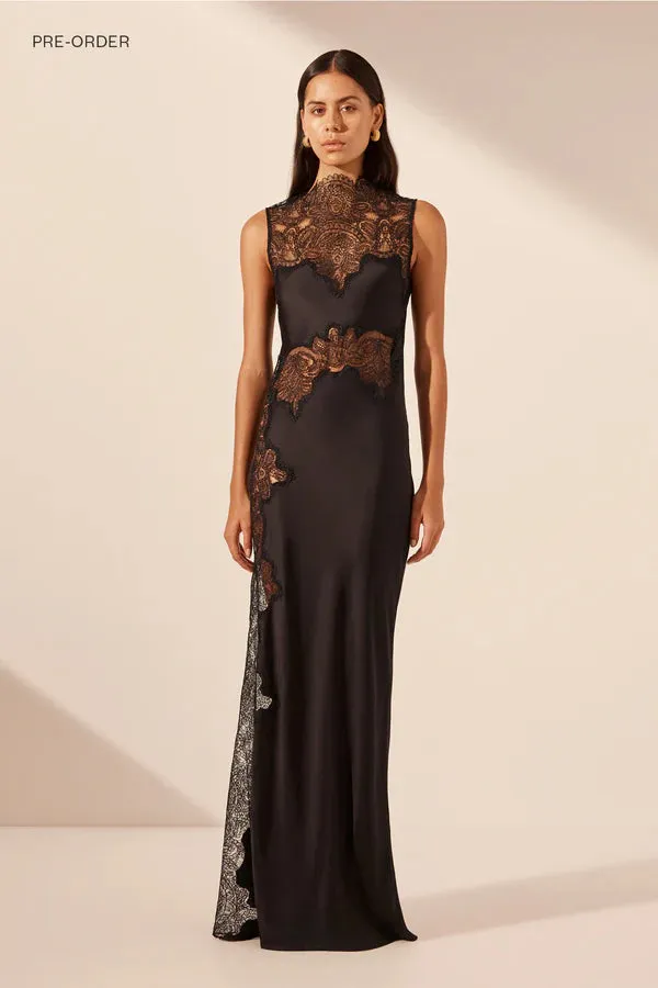 Jamila Lace High Neck Maxi Dress - Black
