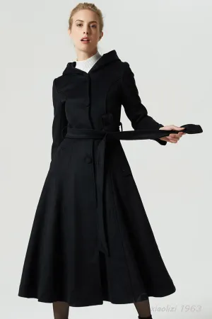 maxi black hooded coat with tie blet 1963#