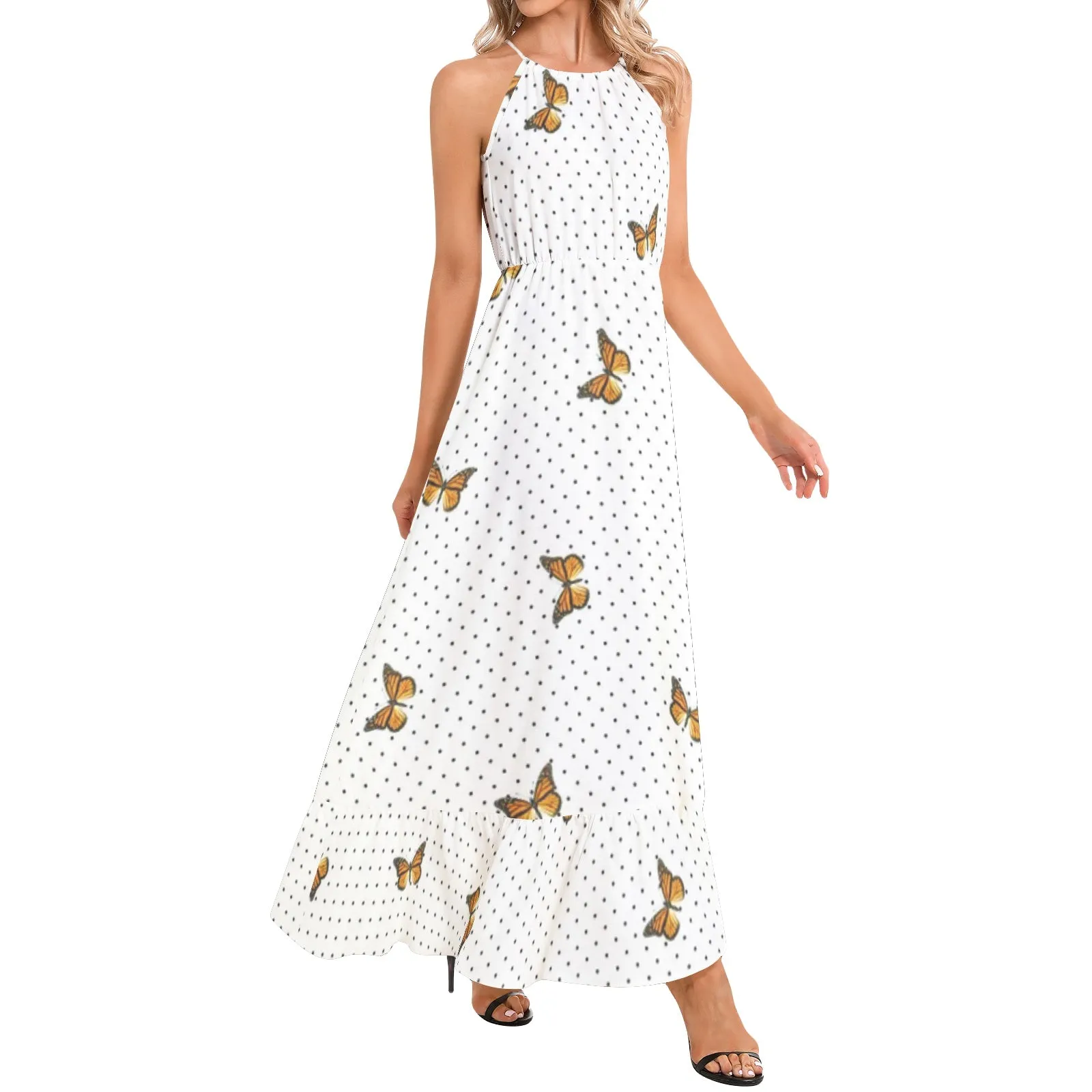 Monarch Butterfly and Polka Dot Print Ruffle Hem Halter Neck Maxi Dress