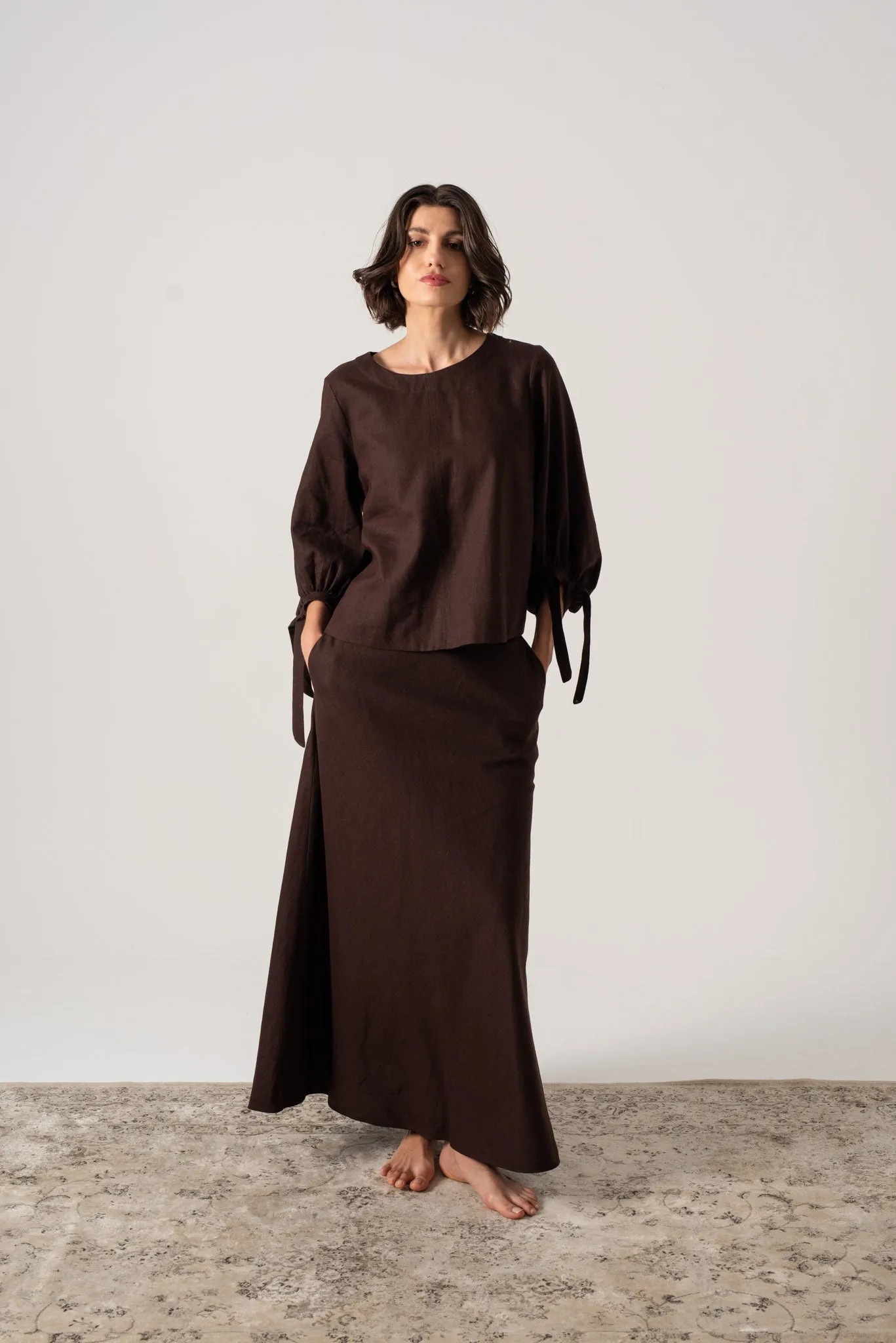 Olen Linen Maxi Skirt Brown Espresso