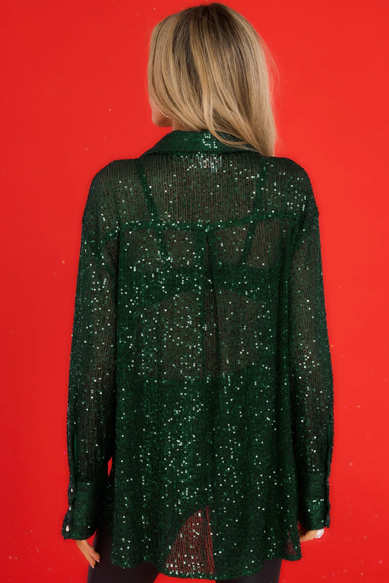 Ready To Shimmer Hunter Green  Button Front Top