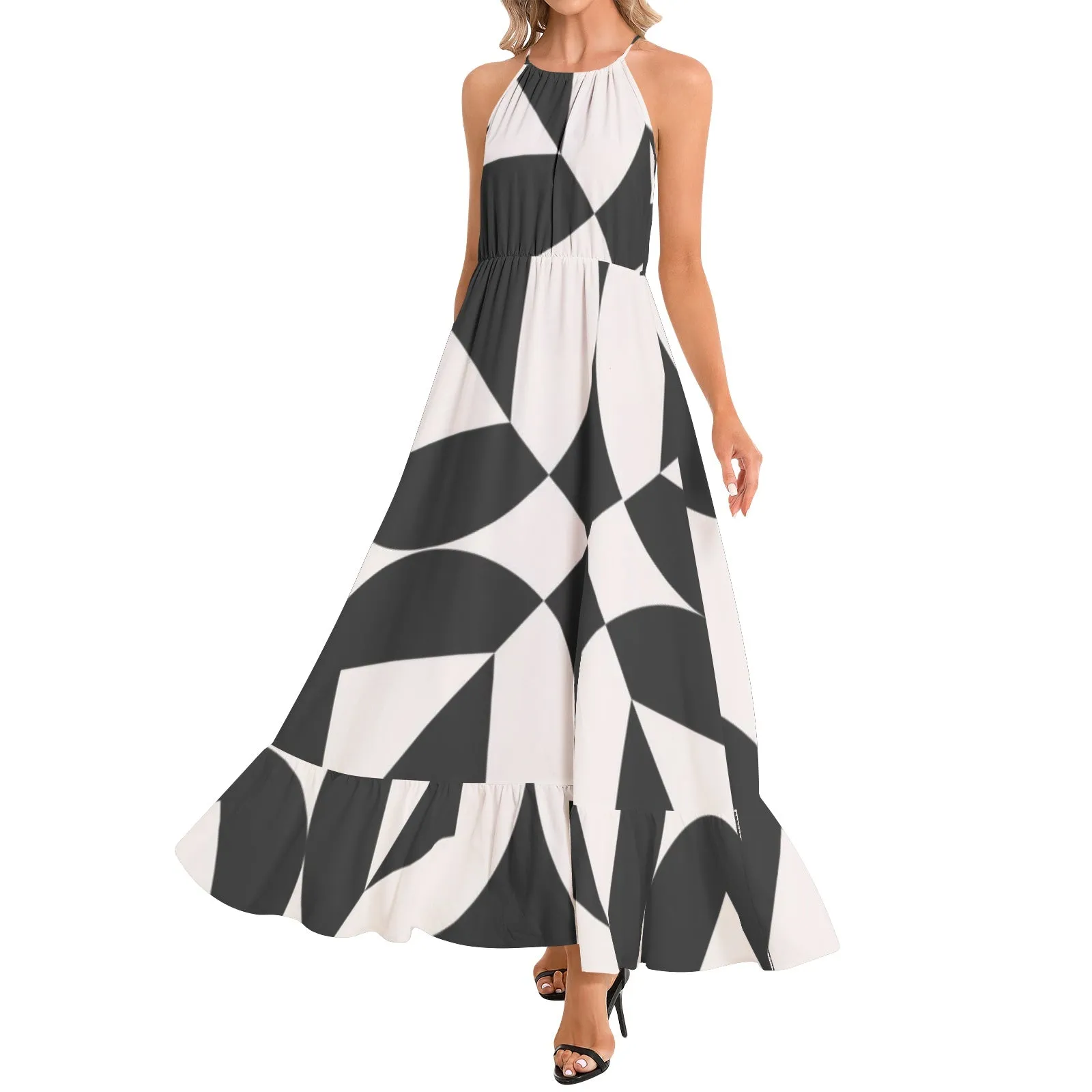 Sacred Geometry Ruffle Hem Halter Neck Maxi Dress