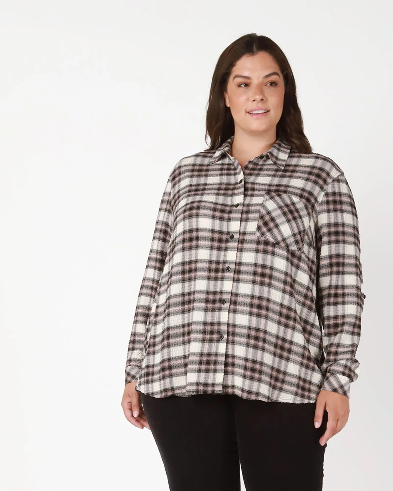 Samira Button Front Plaid Shirt | Ivory / Black