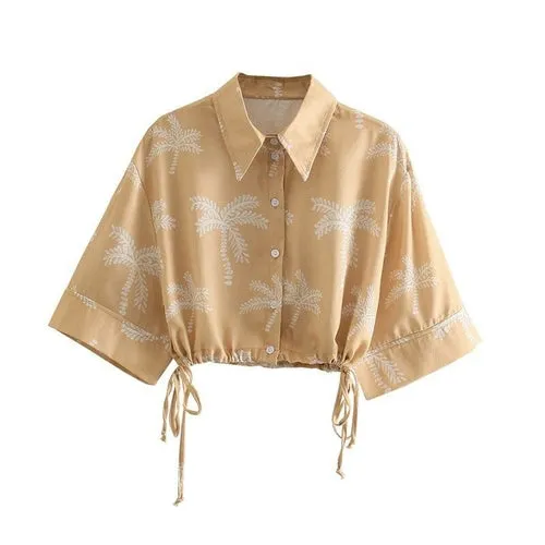 Summer Casual Woman Camel Print Short Tops Female Vintage Drawstring