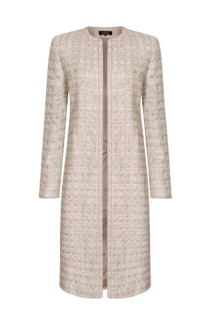 Tweed Dress Coat in Taupe/Ivory with Braid Edging - Vanya